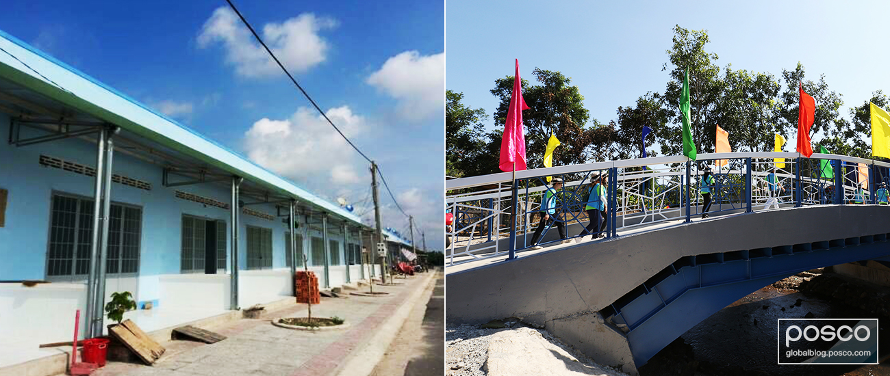 POSCO Steel Village (left) will contain 104 households and is slated for completion in April 2017. The POSCO Steel Bridge in Vietnam (right) was completed in January 2016.