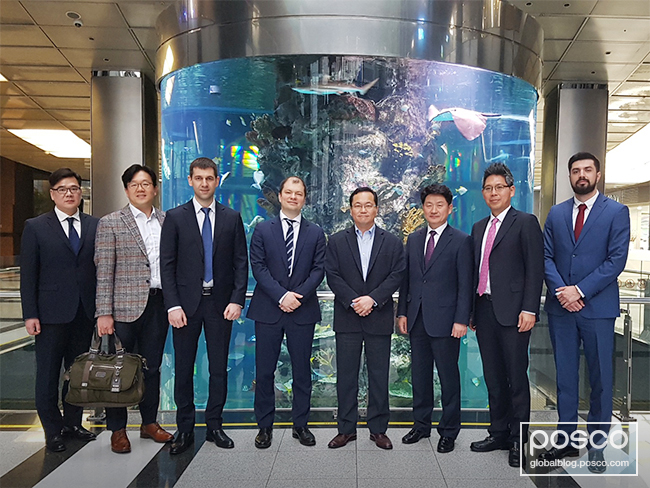  ZPP executives take a picture in the lobby of POSCO HQ in Seoul
