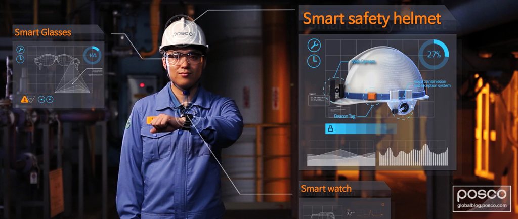 A POSCO worker wearing smart safety devices.