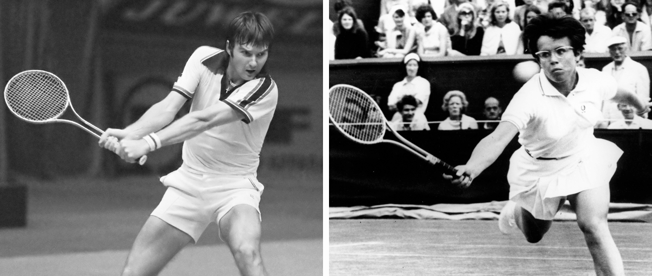 (Left) Jimmy Connors with the Wilson T-2000 (1978). (Wikimedia) / (Right) Billie Jean King defeats Fay Moore in the fourth round of Wimbledon in 1968. She would later go on to win the tournament using the Wilson T2000. (Thirteen) 