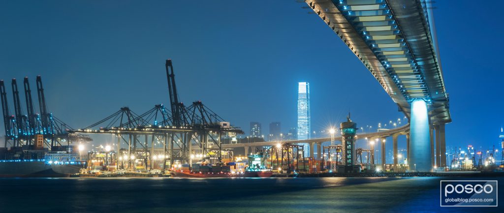 A night view of the Stonecutters Bridge and container port in Hong Kong