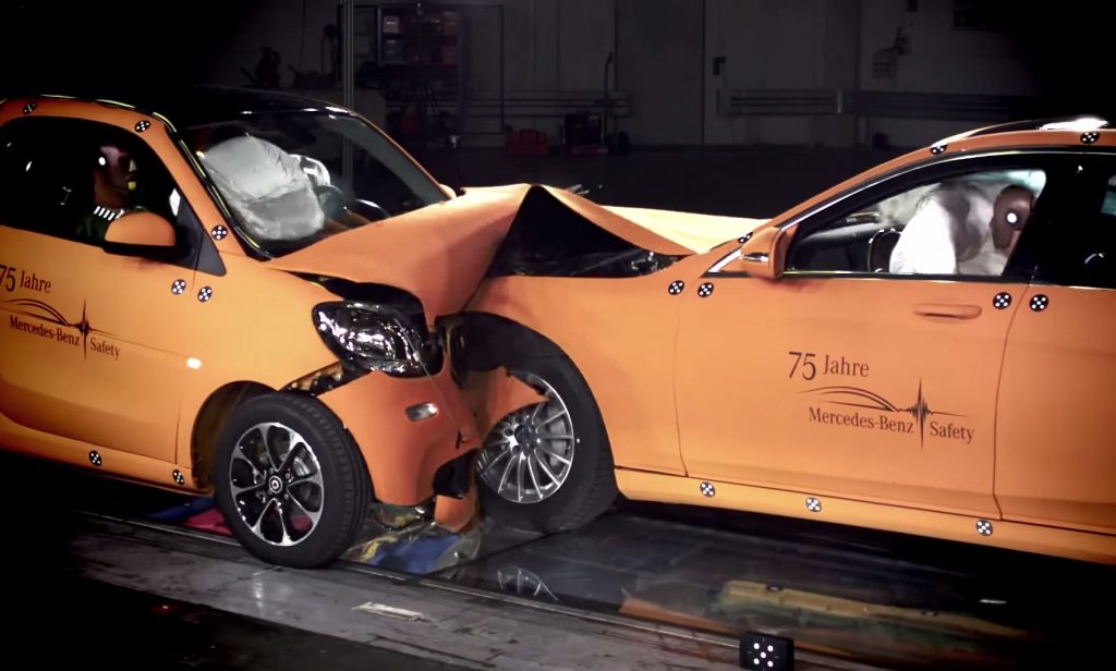 2016 Smart Fortwo and the Mercedes S Class clash head-on during a crash test.
