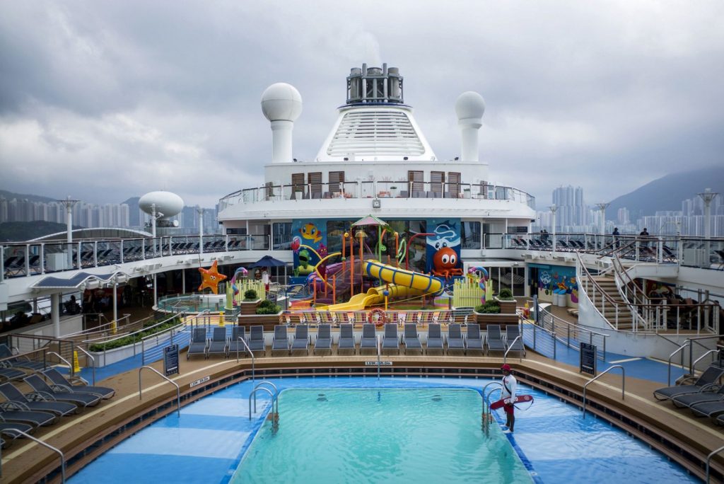 The swimming pool on Royal Caribbean’s Ovation of the Seas cruise ship at the port of Tianjin.