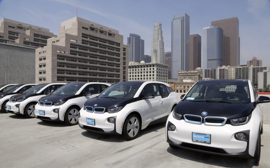 A line up of the new electric vehicles to be used by the LAPD