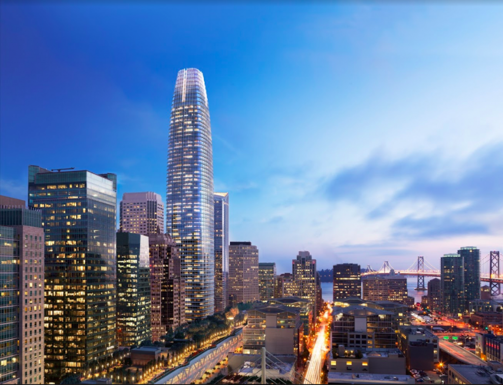 A night view of the Salesforce Tower in San Francisco.