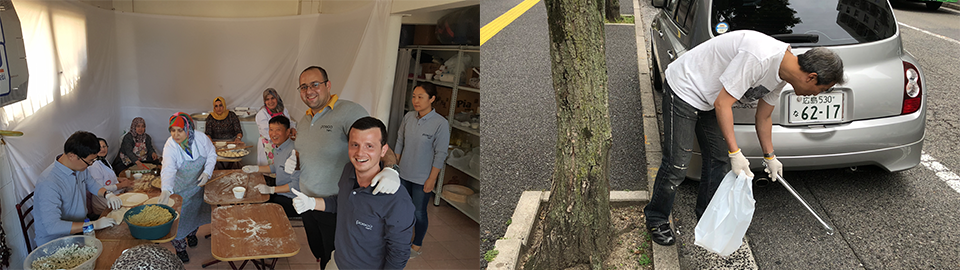 Employees of Turkey making Turkish quesadilla at a charity bazaar and POSCO-Japan employees supporting the elderly at a nursing home in Japan, and Hiroshima employees picking up trash around Hiroshima Station.