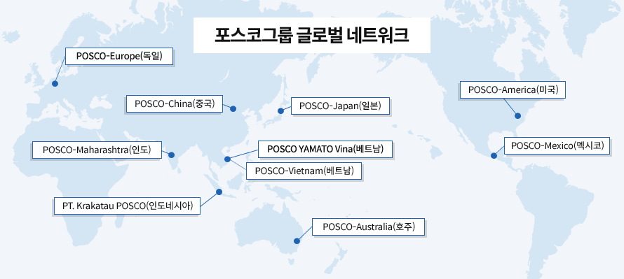 포스코그룹 글로벌 네트워크 : 유럽사무소(독일), ZPSS(장가항포항불수강), POSCO-China(중국), POSCO-Maharashtra(인도), POSCO-Japan(일본), POSCO SS VINA(베트남), POSCO-Vietnam(베트남), PT. Krakatau POSCO(인도네시아), POSCO-Australia(호주), POSCO-America(미국), POSCO-Mexico(멕시코)