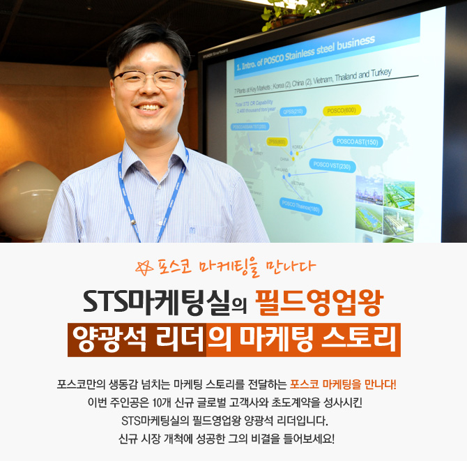 1. Intro. of POSCO Stainless steel business 7Part. Key Marks, Korea(2)China(2)vetnam, Thaland and Turkey POSCO(600) POSCOAST(150) POSCO VST(230) 포스코 마케팅을 만나다 STS마케팅실의 필드영업왕 양광석 리더의 마케팅 스토리 포스코만의 생동감 너치는 마케팅 스토리를 전달하는 포스코 마케팅을 만나다! 이번 주인공은 10개 신규 글로벌 고객사와 초도계약을 성사시킨 STS마케팅실의 필드영업와 양광석 리더입니다. 신규 시장 개척에 성공한 그의 비결을 들어보세요!