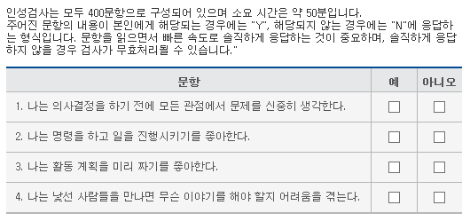 인성검사는 모두 400문항으로 구성되어 있으며 소요 시간은 약 50분입니다. 주어진 문항의 내용이 본인에게 해당되는 경우에는 "Y", 해당되지 않는 경우에는 "N"에 응답하는 형식입니다. 문항을 읽으면서 빠른 속도로 솔직하게 응답하는 것이 중요하며, 솔직하게 응답하지 않을 경우 검사가 무효처리될 수 있습니다." 문항 1. 나는 의사결정을 하기 전에 모든 관점에서 문제를 신중히 생각한다. 예/아니오 2. 나는 명령을 하고 일을 진행시키기를 좋아한다. 예/아니오 3. 나는 활동 계획을 미리 짜기를 좋아한다. 예/아니오 4. 나는 낯선 사람들을 만나면 무슨 이야기를 해야 할지 어려움을 겪는다. 예/아니오 