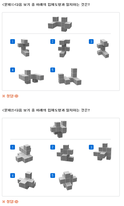 <문제1> 동일한 정육면체로 이루어진 특정 모양의 도형을 여러시각으로 바라보았을때 같은 도형을 5가지 보기에서 고르는 문제 . <문제2> 문제1과 동일 한 문제( 도형의 모양이 다름)