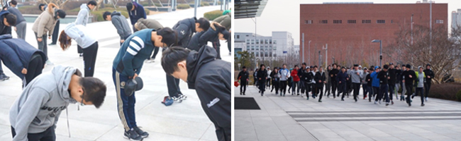 인사로 하루를 시작하는 신입사원들(左), 아침구보 현장(右)