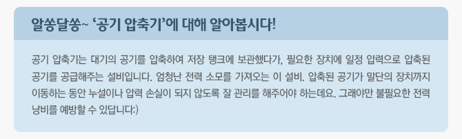 알쏭달쏭~ '공기 압축기'에 대해 알아봅시다!  공기 압축기는 대기의 공기를 압축하여 저장 탱크에 보관했다가,  필요한 장치에 일정 압력으로 압축된 공기를 공급해주는 설비입니다.  엄청난 전력 소모를 가져오는 이 설비, 압축된 공기가 말단의 장치까지 이동하는 동안  누설이나 압력 손실이 되지 않도록 잘 관리를 해주어야 하는데요.  그래야만 불필요한 전력 낭비를 예방할 수 있답니다 :)