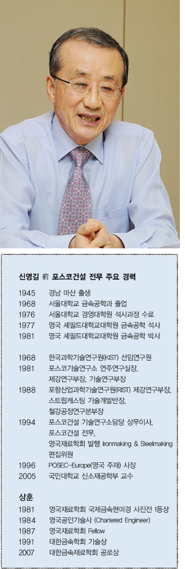 신영길 전 포스코건설 전무 주요 경력  1945 경남 마산 출생  1968 서울대학교 금속공학과 졸업  1976 서울대학교 경영대학원 석사과정 수료  1977 영국 셰필드대학교대학원 금속공학 석사  1981 영국 셰필드대학교대학원 금속공학 박사  1968 한국과학기술연구원(KIST) 선임연구원  1981 포스코기술연구소 연주연구실장, 제강연구부장, 기술연구부장  1988 포항산업과학기술연구원(RIST) 제강연구부장, 스트립캐스팅 기술개발반장, 철강공정연구본부장  1994 포스코건설 기술연구소담당 상무이사, 포스코건설 전무,  영국재료학회 발생 Ironmaking & Steelmaking 편집위원  1996 POSEC-Europe(영국 주재) 사장  2005 국민대학교 신소재공학부 교수  상훈  1981 영국재료학회 국제금속현미경 사진전 1등상  1984 영국공인기술사 (Chartered Engineer)  1987 영국재료학회 Fellow  1991 대한금속학회 기술상  2007 대한금속재료학회 공로상