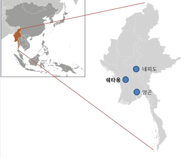 미얀마 지도 및 쉐타옹 70MW급 가스복합화력발전소 위치