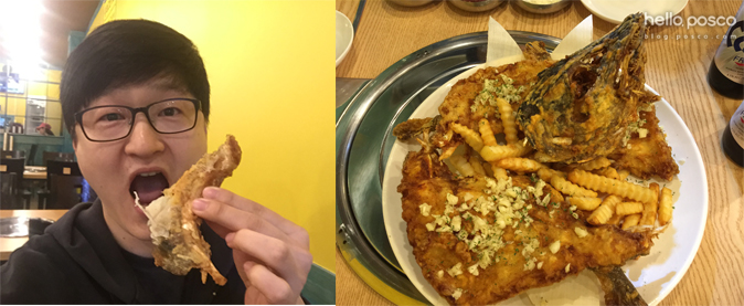 생소한 포항의 맛, 대구대가리 튀김을 들고 있는 모습(왼쪽)과 접시에 담겨있는 튀김의 모습(오른쪽) 
