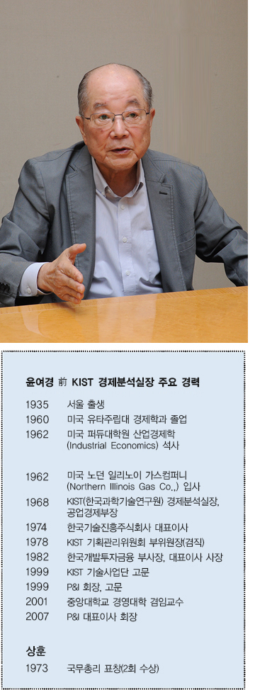 윤여경 前 KIST 경제분석실장 주요 경력 1935 서울 출생  1960 미국 유타주립대 경제학과 졸업  1962 미국 퍼듀대학원 산업경제학 (Industrial Economics) 석사  1962 미국 노던 일리노이 가스컴퍼니 (Northern Illinois Gas Co.,) 입사  1968 KIST(한국과학기술연구원) 경제분석실장, 공업경제부장  1974 한국기술진흥주식회사 대표이사  1978 KIST 기획관리위원회 부위원장(겸직)  1982 한국개발투자금융 부사장, 대표이사 사장  1999 KIST 기술사업단 고문  1999 P&I 회장, 고문  2001 중앙대학교 경영대학 겸임교수  2007 P&I 대표이사 회장  상훈  1973 국무총리 표창(2회 수상)