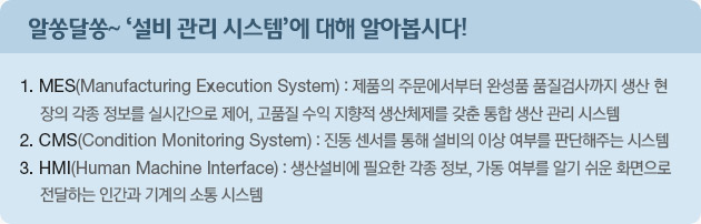 알쏭달쏭~ '설비 관리 시스템'에 대해 알아봅시다!  1. MES(Manufacturing Execution System) : 제품의 주문에서부터 완성품 품질검사까지 생산 현장의 각종 정보를 실시간으로 제어,  고품질 수익 지향적 생산체제를 갖춘 통합 생산 관리 시스템.  2. CMS(Condition Monitoring System) : 진동 센서를 통해 설비의 이상 여부를 판단해주는 시스템.  3. HMI(Human Machine Interface) : 생산설비에 필요한 각종 정보, 가동 여부를 알기 쉬운 화면으로 전달하는 인간과 기계의 소통 시스템. 