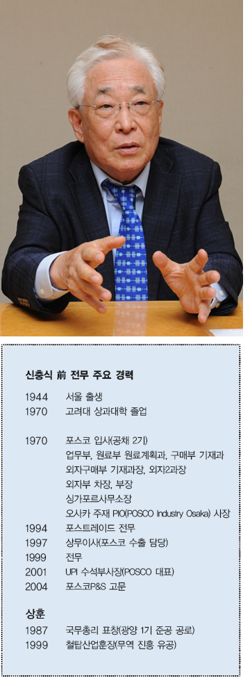 신충식 전 전무 주요 경력  1944 서울 출생  1970 고려대 상과대학 졸업  1970 포스코 입사(공채2기)  업무부, 원료부 원료계획과, 구매부 기재과 외자구매부 기재과장, 외자2과장 외자부 차장, 부장 싱가포르사무소장 오사카 주재 PIO(POSCO Industry Osaka) 사장  1994 포스트레이드 전무  1997 상무이사(포스코 수출 담당)  1999 전무  2001 UPI 수석부사장(POSCO 대표)  2004 포스코P&S 고문  상훈  1987 국무총리 표창(광양1기 준공 공로) 1999 철탑산업훈장(무역 진흥 유공)