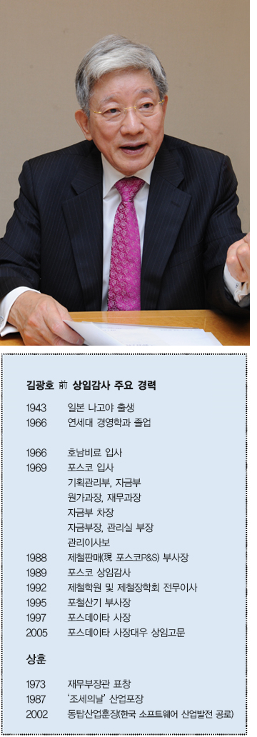 김광호 전 상임감사 주요 경력  1943 일본 나고야 출생  1966 연세대 경영학과 졸업  1966 호남비료 입사  1969 포스코 입사 기획관리부, 자금부 원가과장, 재무과장 자금부 차장 자금부장, 관리실 부장 관리이사보  1988 제철판매(現 포스코 P&S) 부사장  1989 포스코 상임감사  1992 제철학원 및 제철장학회 전무이사  1995 포철산기 부사장  1997 포스데이타 사장  2005 포스데이타 사장대우 상임고문  상훈 1973 재무부장관 표창  1987 '조세의날' 산업포장  2002 동탑산업훈장(한국 소프트웨어 산업발전 공로) 