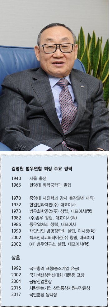 김명원 범우연합 회장 주요 경력 1940 서울 출생 1966 한양대 화학공학과 졸업 1970 중앙대 사진학과 강사 출강(9년 재직) 1972 한일칼라제판(주) 대표이사 1973 범우화학공업(주) 창립, 대표이사(現) 1982 (주)범우 창립, 대표이사(現) 1986 동우열처리 창립, 대표이사 1990 재단법인 범명장학회 설립, 이사장(現) 2002 벡스인터코퍼레이션(주) 창립, 대표이사 2002 BIT 범우연구소 설립, 대표이사(現) 상훈 1992 국무총리 표창(중소기업 유공) 2002 국가생산성혁신대회 대통령 표창 2004 금탑산업훈장 2015 사랑받는기업 산업통상자원부장관상 2017 국민훈장 동백장 