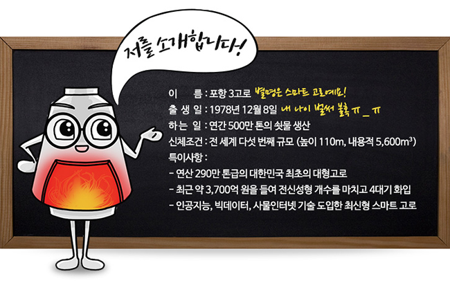 저를 소개합니다! 이름 : 포항 3고로 별명은 스마트 고로예요! 출생일: 1978년 12월 8일 내나이 벌써 불혹 ㅠ_ㅠ 하는 일: 연간 500만 톤의 쇳물 생산 신체 조건: 전 세계 다섯 번째 규모 (높이 110m, 내용적 5,600m3) 특이사항: -연산 290만 톤급의 대한민국 최초의 대형고로 - 최근 약 3,700억 원을 들여 전신성형 개수를 마치고 4대기 화입 - 인공지능, 빅데이터, 서울인터넷 기술 도입한 최신형 스마트 고로