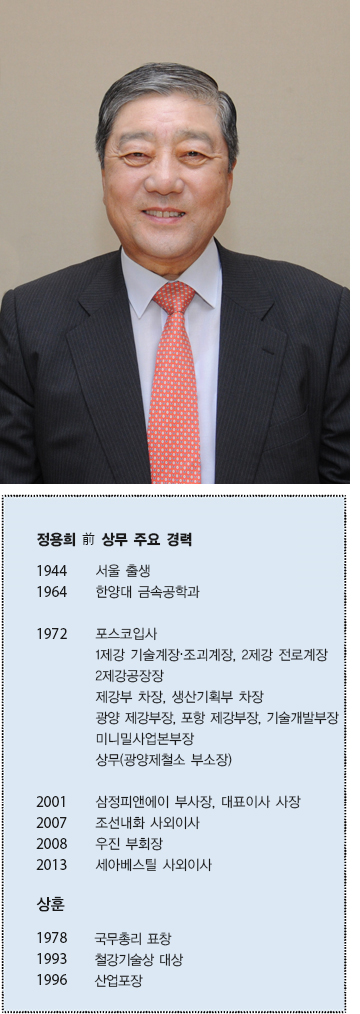 정용회 전 상무 주요 경력  1994 서울 출생  1964 한양대 금속공학과  1972 포스코입사 1제강 기술계장·조괴계장, 2제강 전로계장, 2제강공장장  제강부 차창, 생산기획부 차장, 과양 제강부장, 포항 제강부장, 기술개발부장,  미니밀사업본부장 상무(광양제철소 부소장)  2001 삼정피앤에이 부사장, 대표이사 사장  2007 조선내화 사외이사  2008 우진 부회장  2013 세아베스틸 사외이사  상훈 1978 국무총리 표창  1993 철강기술상 대상  1996 산업포장