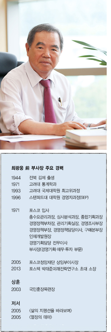 최광웅 전 부사장 주요 경력  1944 전북 김제 출생  1971 고려대 통계학과  1993 고려대 국제대학원 최고위과정  1996 스탠퍼드대 대학원 경영자과정(SEP)  1971 포스코 입사 총수요관리과장, 심사분석과장, 종합기획과장 경영정책부차장,  관리기획실장, 경영조사부장, 경영정책부장, 경영정책담당이사, 구매본부장, 인재개발원장,  경영기획담당 전무이사, 부사장(경영기획·재무·투자 부문)  2005 포스코청암재단 상임부이사장  2013 포스텍 박태준미래전략연구소 초대 소장  상훈 2003 국민훈장목련장