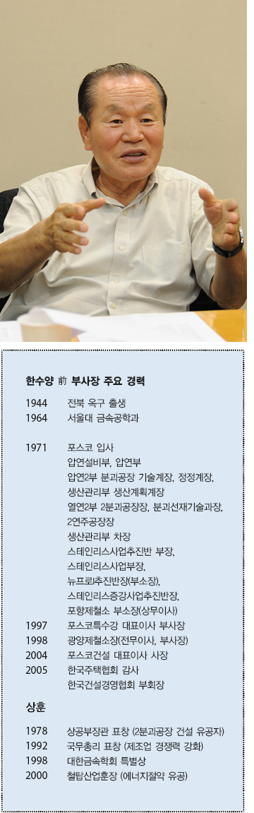 한수양 전 부사장 주요 경력 1994 전북 옥구 출생 1964 서울대 금속공학과 1971 포스코 입사  압연설비부, 압연부, 압연2부 분과공장 기술계장, 정정계장, 생상관리부 생상계획계장  열연2부 2분과공장장, 분과선재기술과장, 2연주공장장 생산관리부 차창  스테인리스사업추진반 부장, 스테인리스사업부장, 뉴프로/추진반장(부소장),  스테인리스증강사업추진반장, 포항제철소 부소장(상무이사) 1997 포스코특수강 대표이사 부사장  1998 광양제철소장(전무이사, 부사장) 2004 포스코건설 대표이사 사장 2005  한국주택협회 감사 한국건설경영협회 부회장 상훈 1978 상공부장관 표창 (2분괴공장 건설 유공자)  1992 국무총리 표창 (제조업 경쟁력 강화) 1998 대한금속학회 특별상 2000  철탑산업훈장 (에너지절약 유공)