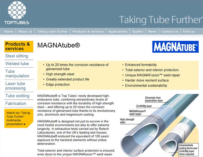 영국 강관 제조사 톱튜브스가 올해 6월 포스맥 적용 파이프 브랜드 마그나튜브(MAGNAtube)를 출시했다. 톱튜브스 홈페이지(http://toptubes.co.uk/) 제품 홍보 화면.