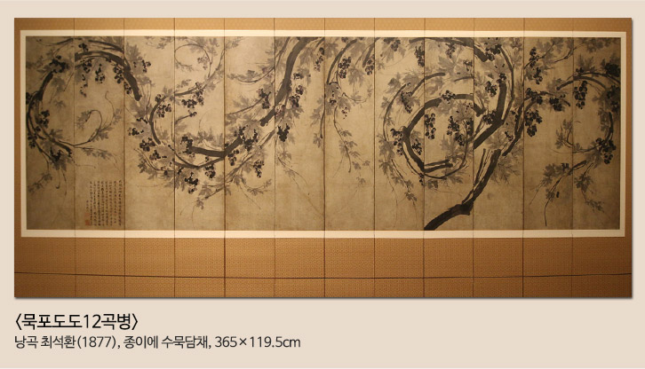 포도도12곡병 낭곡 최석환(1877), 종이에 수묵담채, 365x119.5cm