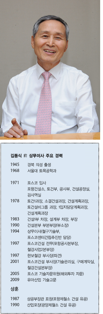 김동식 전 상무이사 주요 경력 1945 경북 의성 출생 1968 서울대 토목공학과 1971 포스코입사 포항건선소, 토건부, 곳아부, 건설공정실, 검사역실 1978 토건1과장, 소결건설과장, 건설계획과장, 토건설비그룹 과장, 1입지담당계획과장, 건설계획과장 1983 건설1분 차장, 설계부 차장, 부장 1990 건설본부 부본부장(부소장) 1994 상무이사(철구기술부, 포스코센터건립추진반 담당) 1997 포스코건설 전무(포항공사본부장,철강사업2본부장) 1997 한보철강 부사장(파견) 2001 포스코건설 부사장(기술관리실, 구매계약실, 철강건설본부장) 2005 포스코 기술자문위원(해외투자 자문) 2009 유아산업 기술고문 상훈 1987 상공부장고나 표창(포항제철소 건설 유공) 1990 산업포장(광양제철소 건설 유공)