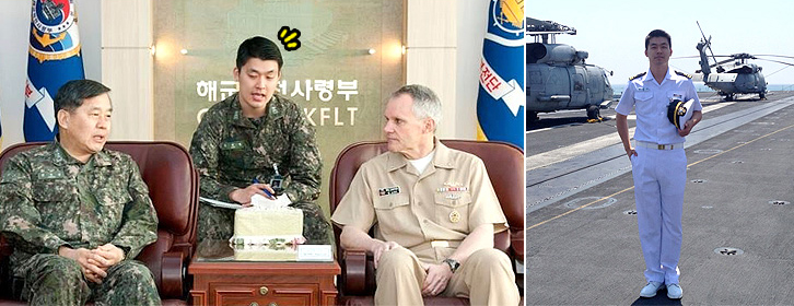 영어 통역장교로 활동하는 모습(왼쪽)과 해군 제북을 입고 있는 모습(오른쪽)