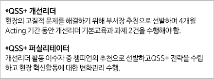 *QSS+ 개선리더 현장의 고질적 문제를 해결하기 위해 부서장 추천으로 선발하며 4개월 acting 기간동안 개선리더 기본교육과 과제 2건을 수행해야함 * QSS+ 퍼실리테이터 개선리더 활동 이수자 중 챔피언의추천으로 선발하고 QSS+전략을 수립하고 현장 혁신활동에 대한 변화관리 수행.