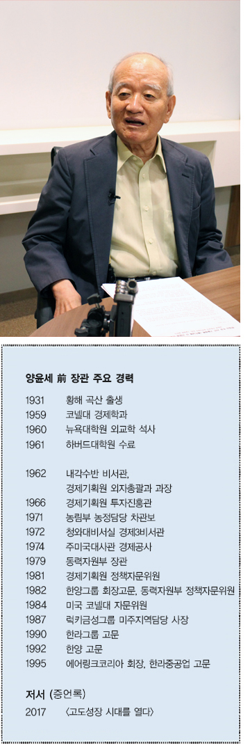 양윤세 전 장관 주요 경력 1931 황해 곡산 출생 1959 고낼대 경제학과 1960 뉴욕대학원 외교학 석사 1961 하버드대학원 수료 1962 내각수반 비서관, 경제기획원 외자 총괄과 과장 1966 경제기획원 투자진흥관 1971 농림부 농정담당 차관보 1972 청와대비서실 경제3비서관 1974 주미국대사관 경제공사 1979동력지원부 장관 1981 경제기획원 정책자문위원 1982 한양그룹 회장고문, 동력자원부 정책자문위원 1984 미국코넬대 자문위원 1987 럭키금성그룹 미주지역담당 사장 1990 한라그룹고문 1992 한양 고문 1995 에어링크 코리아 회장, 한라중공업 고문 저서(증언록) 2017 <고도성장 시대를 열다>