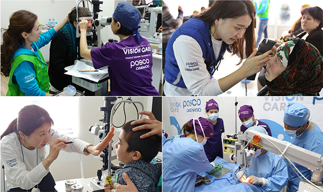 포스코대우가 우즈베키스탄 부하라 주립종합병원에서 국제 실명구호 기구인 비전케어와 함께 현지 안(眼)질환 환자들을 위한 의료캠프 진찰하는모습