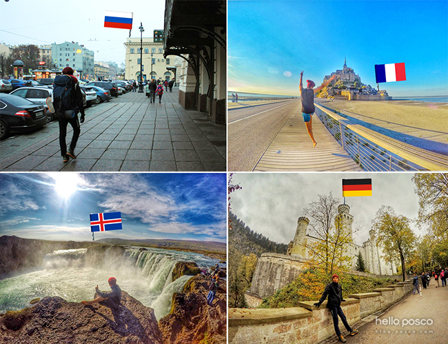 시계 방향 순서대로 러시아 모스크바 역, 프랑스 몽 생 미셸, 독일 노이슈반슈타인 성, 아이슬란드 굴포스 사진 