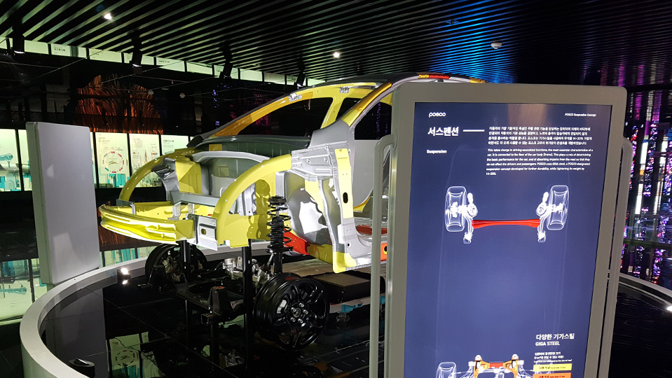 월드 프리미엄 스틸 인 더 퓨처(World Premium Steel in the Future) 테마로 구성된 2층에 있는 모형 전기차 모델의 모습.