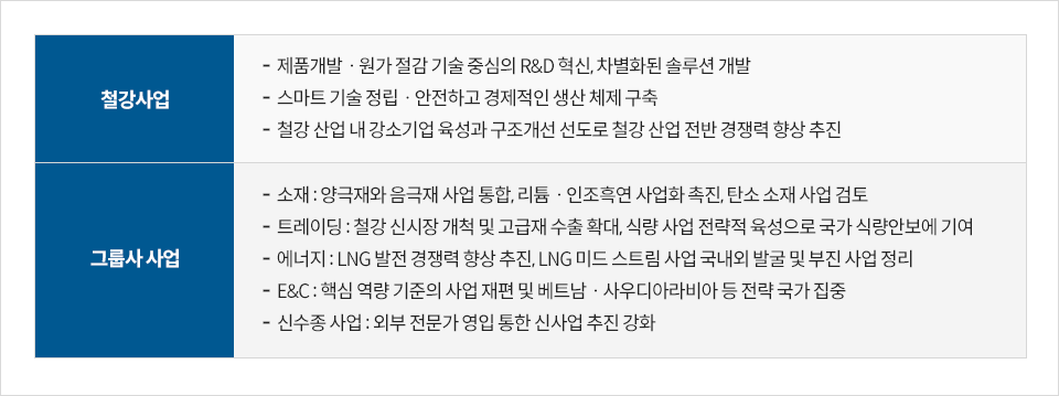 철강 사업 - 제품개발ㆍ원가 절감 기술 중심의 R&D 혁신, 차별화된 솔루션 개발 - 스마트 기술 정립ㆍ안전하고 경제적인 생산 체제 구축 - 철강 산업 내 강소기업 육성과 구조개선 선도로 철강 산업 전반 경쟁력 향상 추진 그룹사 사업 - 소재 : 양극재와 음극재 사업 통합, 리튬ㆍ인조흑연 사업화 촉진, 탄소 소재 사업 검토 - 트레이딩 : 철강 신시장 개척 및 고급재 수출 확대, 식량 사업 전략적 육성으로 국가 식량안보에 기여 - 에너지 : LNG 발전 경쟁력 향상 추진, LNG 미드 스트림 사업 국내외 발굴 및 부진 사업 정리 - E&C : 핵심 역량 기준의 사업 재편 및 베트남ㆍ사우디아라비아 등 전략 국가 집중 - 신수종 사업 : 외부 전문가 영입 통한 신사업 추진 강화