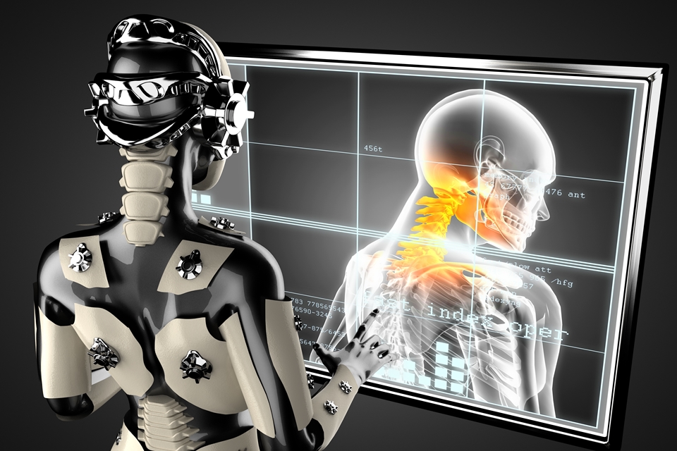 인간 형태의 인공지능 로봇이 의료 영상을 보고 있는 모습