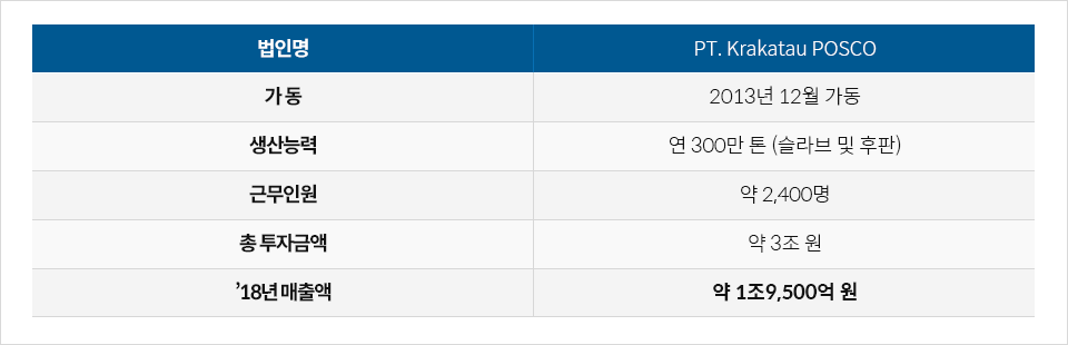 1.인도네시아 법인명 PT.Krakatau POSCO 가동 2013년 12월 가동 생산능력 연 300만톤(슬라브 및 후판) 근무인원 약 2,400명 총투자금액 약3조원 ‘18년 매출액 약 1조9,500억원 