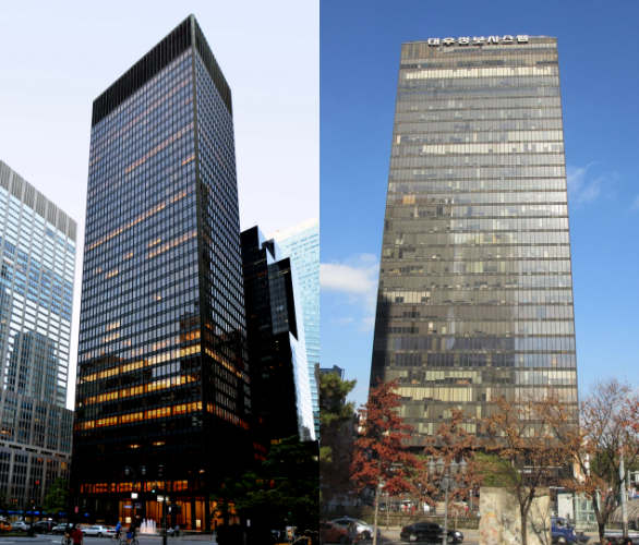 뉴욕 시그램 빌딩(좌측)과 이를 모델로 지어진 삼일빌딩(우측) (출처: John W. Cahill/CTBUH, CC BY-SA 3.0)