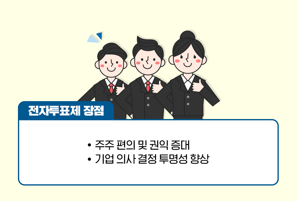 전자투표제 장점 〮주주 편의 및 권익 증대 〮기업 의사 결정 투명성 향상