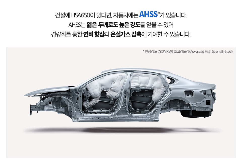 자동차 차체 금속부분 사진.(건설에 HSA650이 있다면, 자동차에는 AHSS가 있습니다. AHSS는 얇은 두께로도 높은 강도를 얻을 수 있어 경량화를 통한 연비 향상과 온실가스 감축에 기여할 수 있습니다.  AHSS(인장강도 780MPa의 초고강도강(Advanced High Strength steel))
