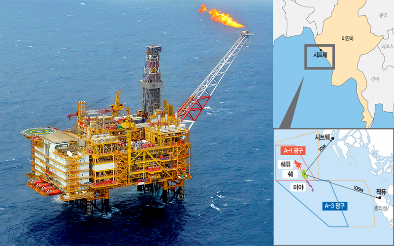 해양 구조용강이 적용된 해상 시설물(왼쪽), 미얀마 시트웨 지역 지도 사진(오른쪽 상단), 시트웨 지여역에서 해상 시설물이 설치된 확대 지도, 스트웨에서 쉐까지 70킬로미터 A-1광구 쉐퓨 쉐 미야 쉐어서 짝퓨까지 105킬로미터 A-3광구 괌리섬(오른쪽 하단) 