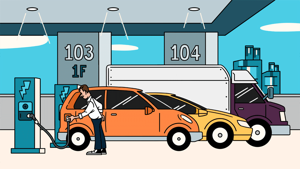 전기차 충전기와 전기차에 4번부터 6번까지 포스코 기술력을 표시해놓은 그림 