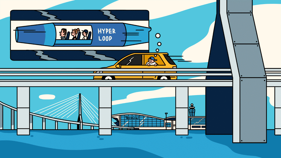 대교와 공항의 지붕, 미래의 고속열차에 4번부터 6번까지 포스코 기술력을 표시해놓은 그림