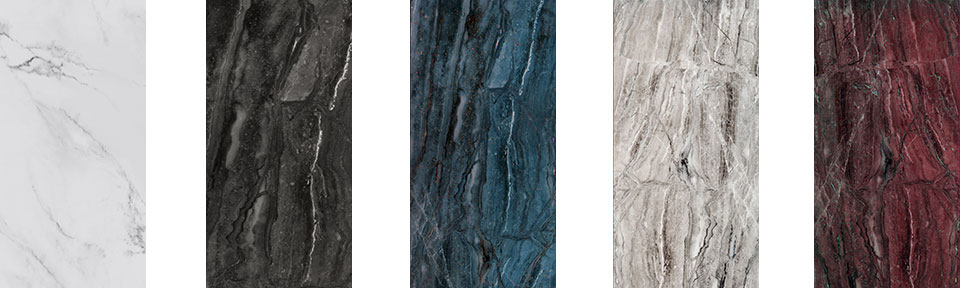대리석 처럼 구현한 PosART의 예시 다섯 가지의 색상이 있으며 흰색, 검은색, 곤색, 회색, 고동색을 띈다.