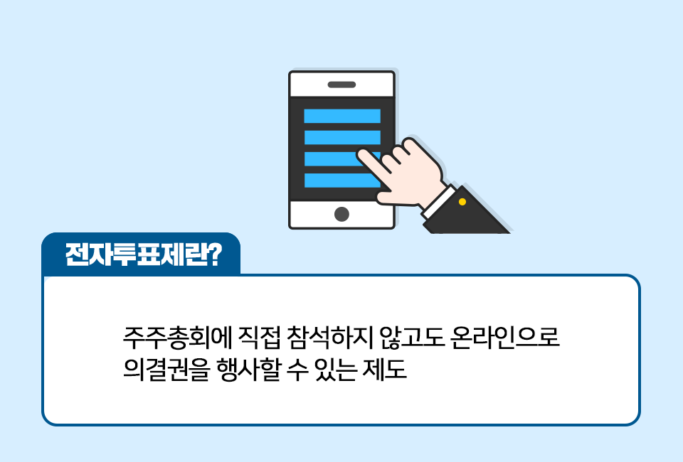 핸드폰 아이콘과 함께 전자투표제에 대해 설명한다. 전자투표제란? 주주총회에 직접 참석하지 않고도 온라인으로 의결권을 행사할 수 있는 제도