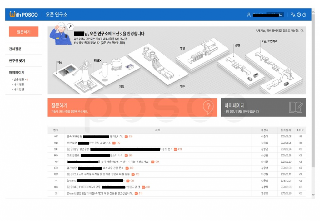 포스코 오픈연구소 화면 캡쳐 이미지. With POSCO 오픈 연구소 왼쪽에 질문하기 전체질문 연구원 찾기 마이페이지 클릭 아이콘. 중앙 상단에 안전모를 쓴 안내자 아이콘. OO님, 오픈 연구소에 오신 것을 환영합니다. 가로로 긴 질문하기, 마이페이지 바 아래로 질문 목록들이 번호, 제목, 작성자, 접속일자 등의 정보와 함께 기록되어 있는 모습.