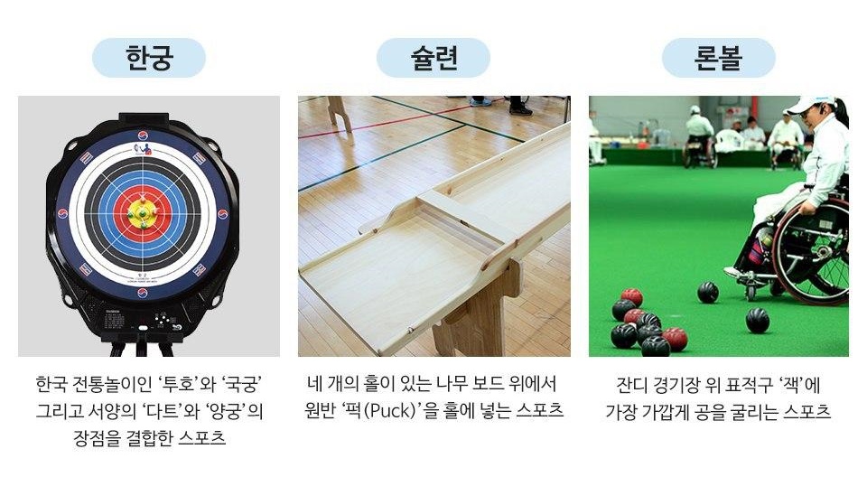 한궁은 한국 전통놀이인 투호와 국긍 그리고 서양의 다트와 양궁의 장점을 결합한 스포츠이다. 슐련은 네 개의 홀이 있는 나무 보드 위에서 원반 퍽 Puck을 홀에 넣는 스포츠이다. 론볼은 잔디 경기장 위 표적구 잭에 가장 가깝게 공을 굴리는 스포츠이다. 